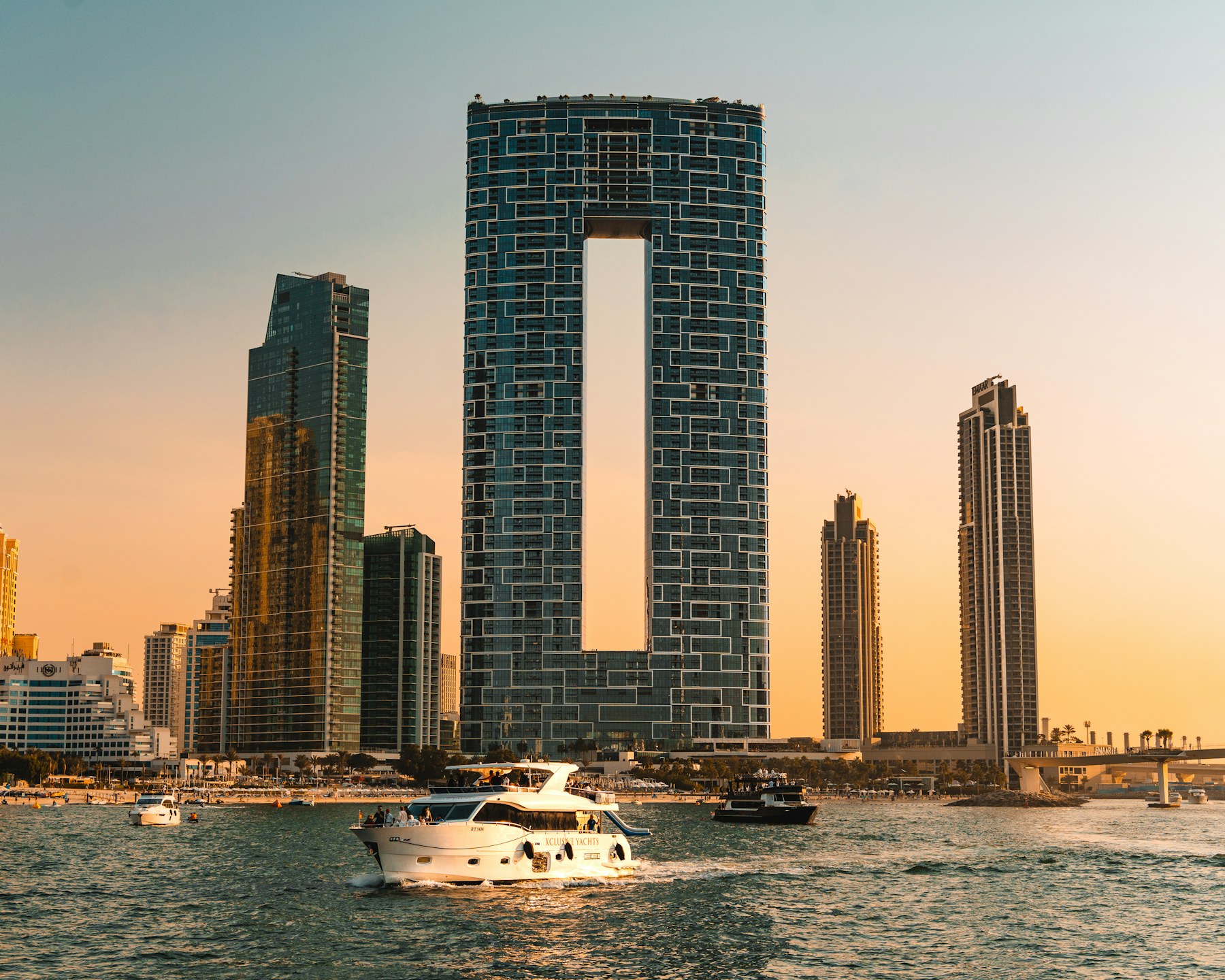 Waterfront architecture at Dubai Marina in evening light